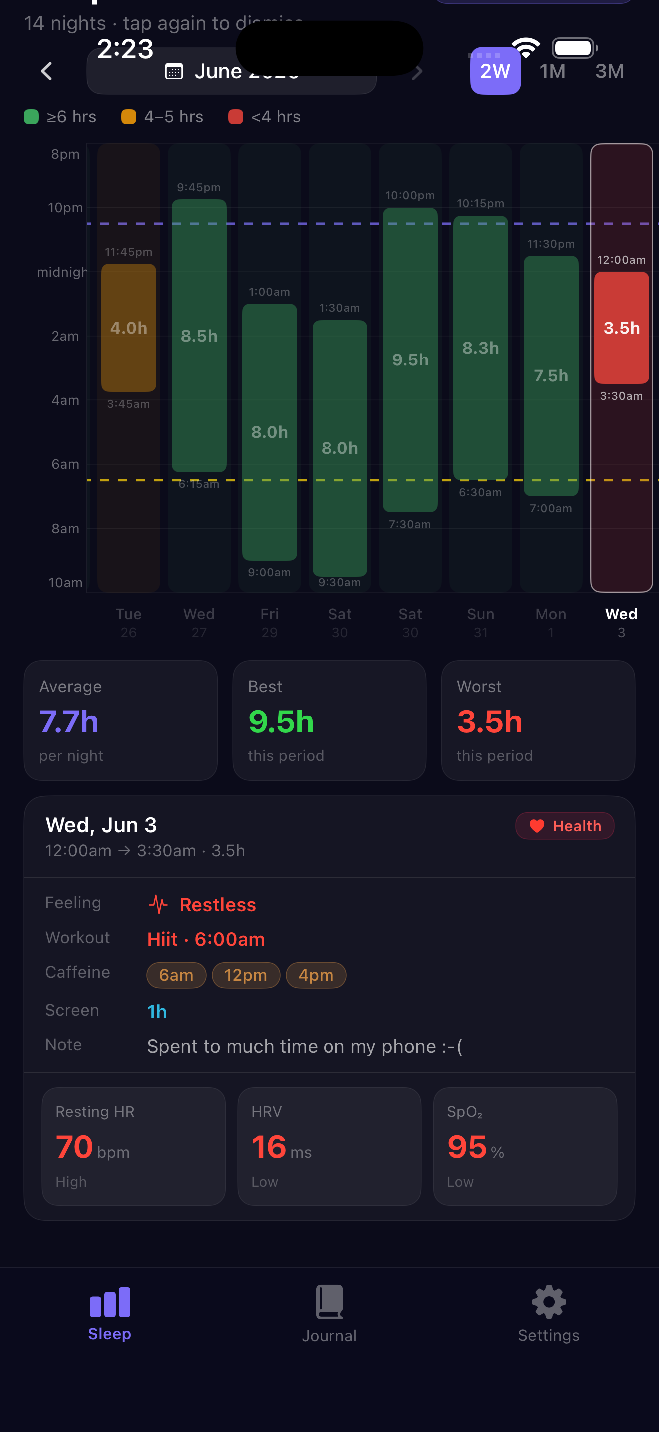 HappensNightly sleep chart with health details