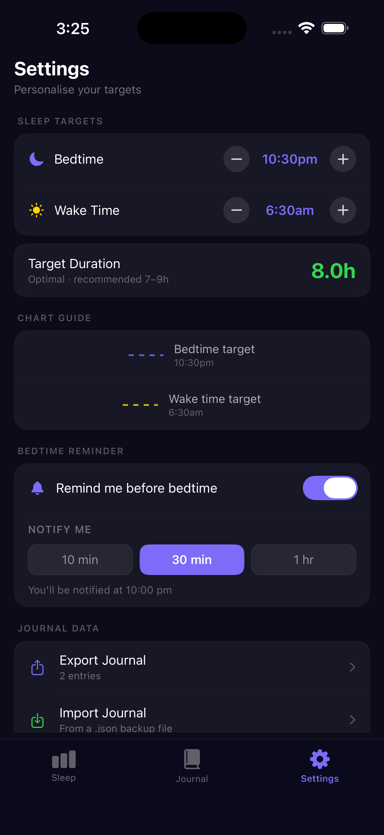 Settings with bedtime reminder
